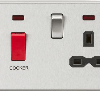 KnightsBridge 45A DP Cooker Switch & 13A Switched Socket with Neons & Black Insert - Square Edge Brushed Chrome