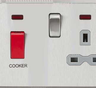 KnightsBridge 45A DP Cooker Switch & 13A Switched Socket with Neons & Grey Insert - Square Edge Brushed Chrome