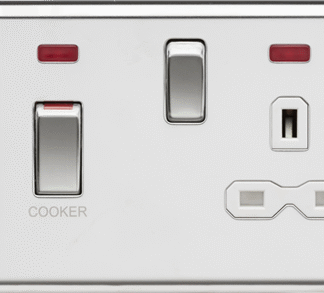 KnightsBridge Decorative 45A DP Switch and 13A Switched Socket with Neons - Polished Chrome with White Insert