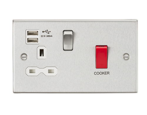 KnightsBridge 45A DP Switch & 13A Switched Socket Dual USB Charger 2.4A - Brushed Chrome with white insert